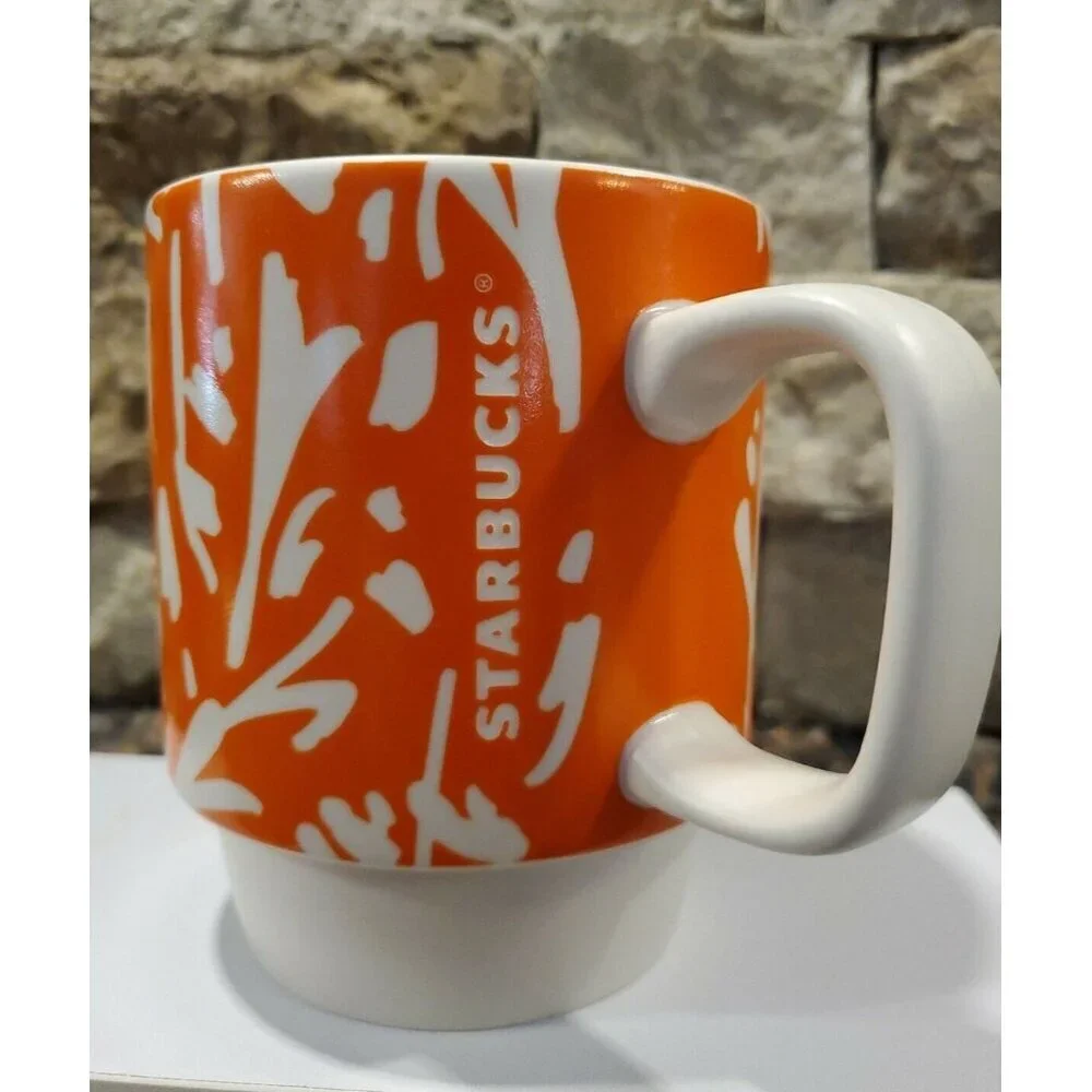 Starbucks Coffee Mug Abstract Floral Pattern Stackable 12 OZ Orange Mug 2016